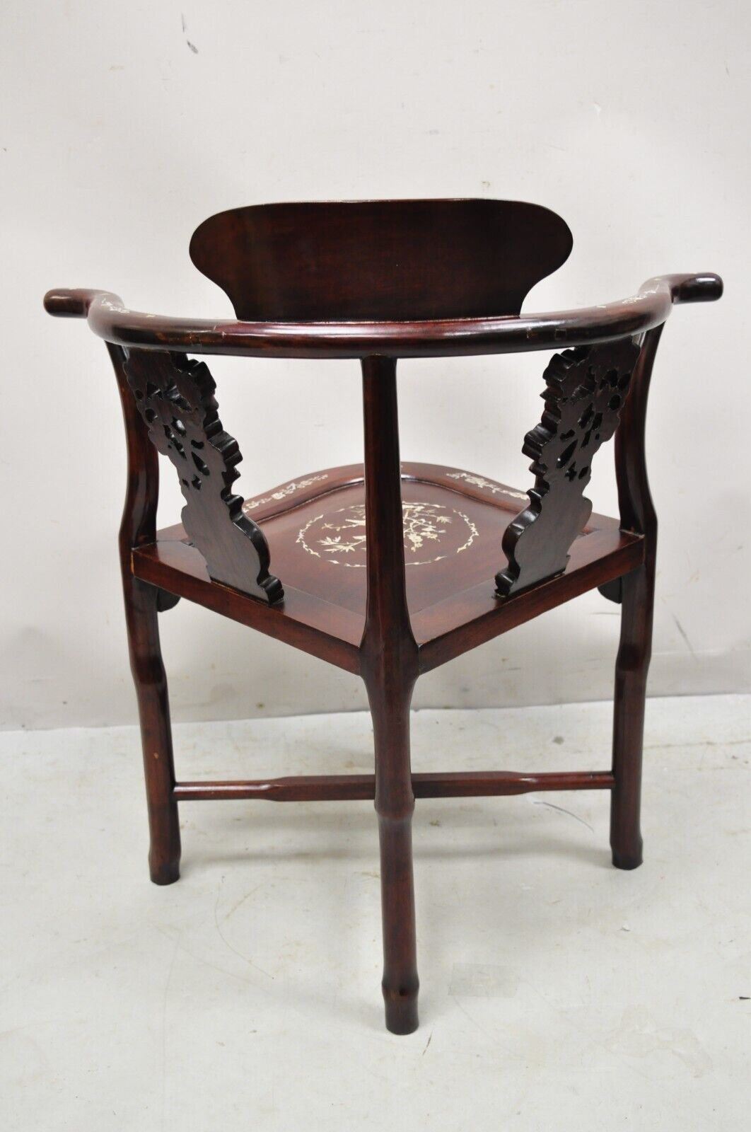 Vintage Chinese Carved Hardwood Corner Lounge Chair with Mother of Pearl Inlay