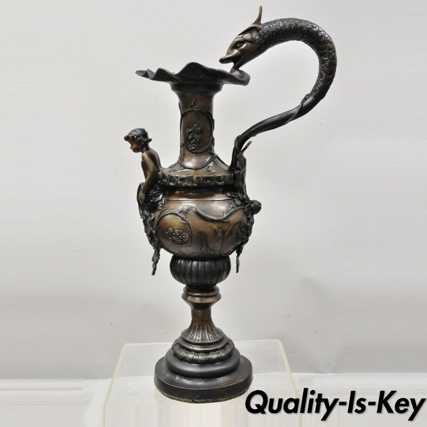 20th Century French Empire Style Large Figural Bronze Urn Ewer Vase with Cherub