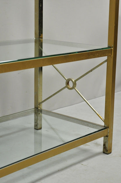 Vintage Brass Metal Gold X-Form Hollywood Regency Modern Curio Shelf Bookcase