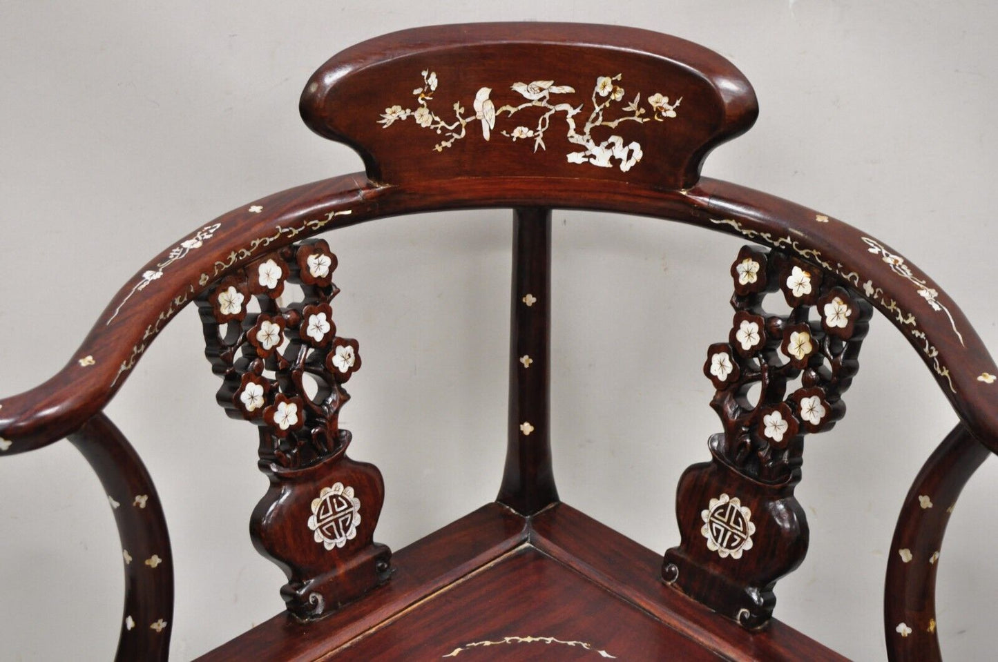 Vintage Chinese Carved Hardwood Corner Lounge Chair with Mother of Pearl Inlay