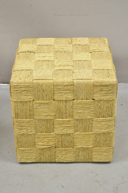Decorator Modern Woven Rattan Rope Cord Cube Ottoman Side Table - a Pair
