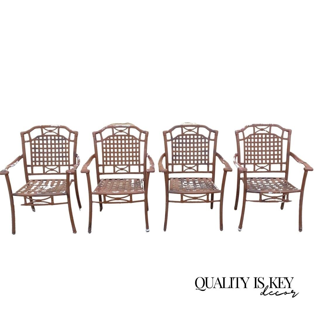 Cast Aluminum Basket Weave Lattice Rattan Patio Outdoor Arm Chairs - Set of 4