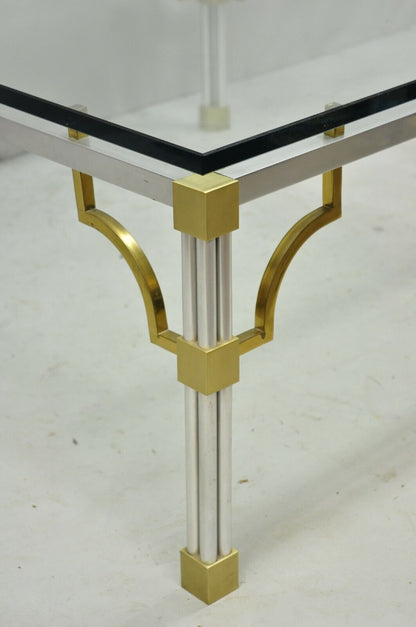 Maison Jansen Style Brushed Aluminum Brass Greek Key Fretwork Glass Coffee Table