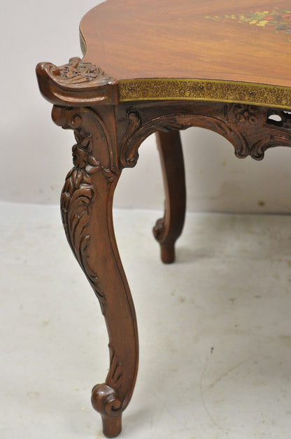Vintage French Louis XV Style Walnut Coffee Table with Hand Painted Floral Top