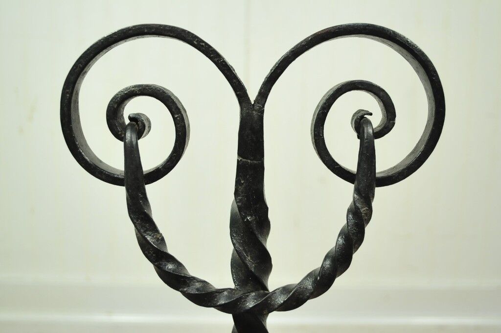 Pair of Antique Wrought Iron Arts & Crafts Art Nouveau Scrolling Andirons Black