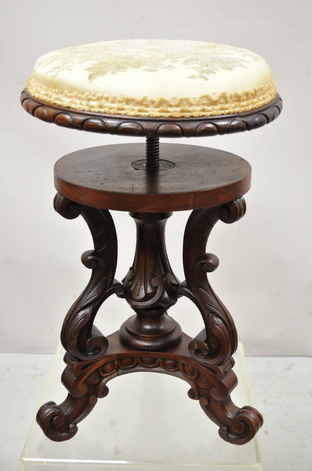 Antique 19th C. Carved Walnut Victorian Adjustable Height Pedestal Base Stool