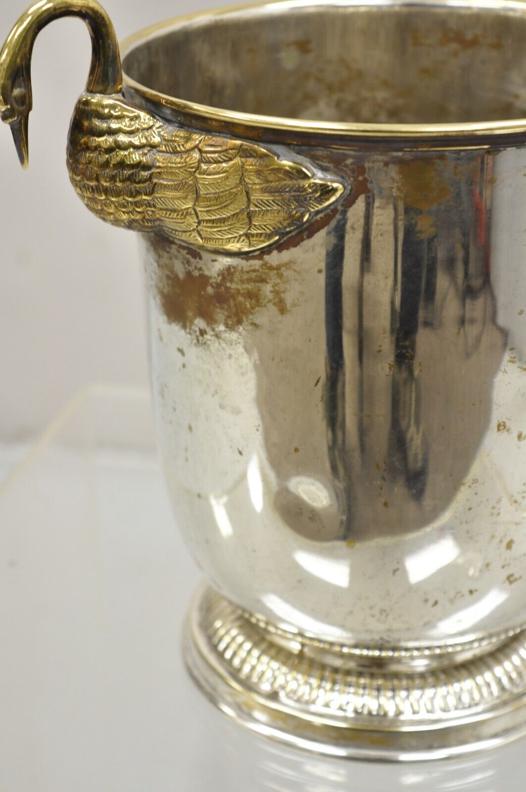 Vintage Italian Regency Silver Plated Champagne Chiller Ice Bucket w Brass Swans