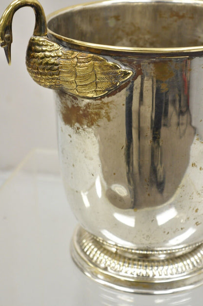 Vintage Italian Regency Silver Plated Champagne Chiller Ice Bucket w Brass Swans