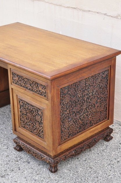 Vintage Chinese Carved Mahogany Pedestal Desk Flowers Birds and Leafy Scrolls