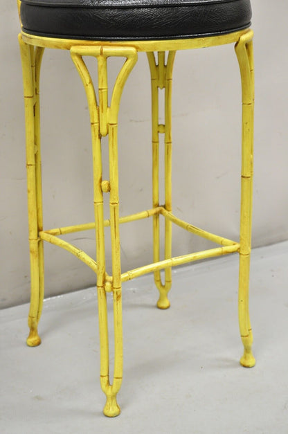 Vintage Chinese Chippendale Yellow Faux Bamboo Cast Aluminum Barstool Stool