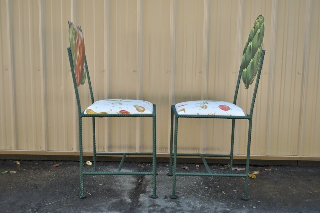 Hollywood Regency Custom Painted Peppers & Artichoke Bistro Side Chairs - a Pair