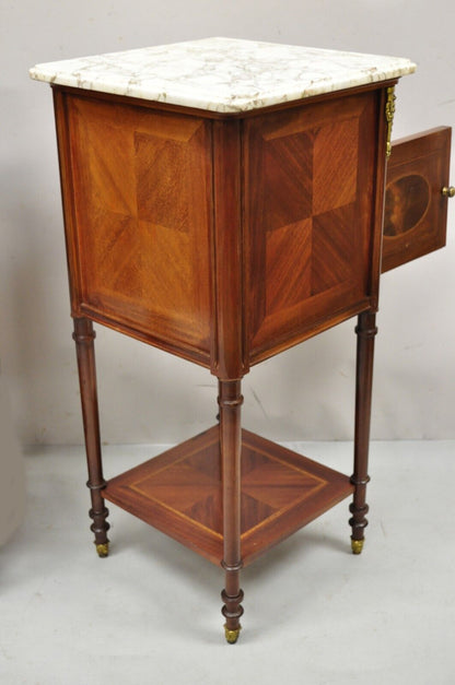 Antique French Louis XVI Marquetry Inlay Marble Top Nightstand Washstand - Pair