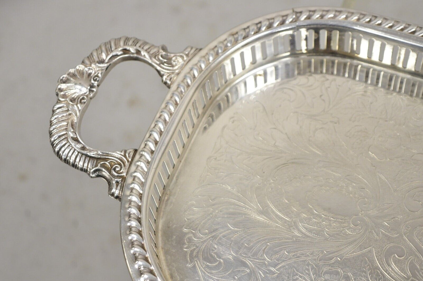 Vintage Regency Silver Plated Narrow Oval Serving Platter Tray with Gallery