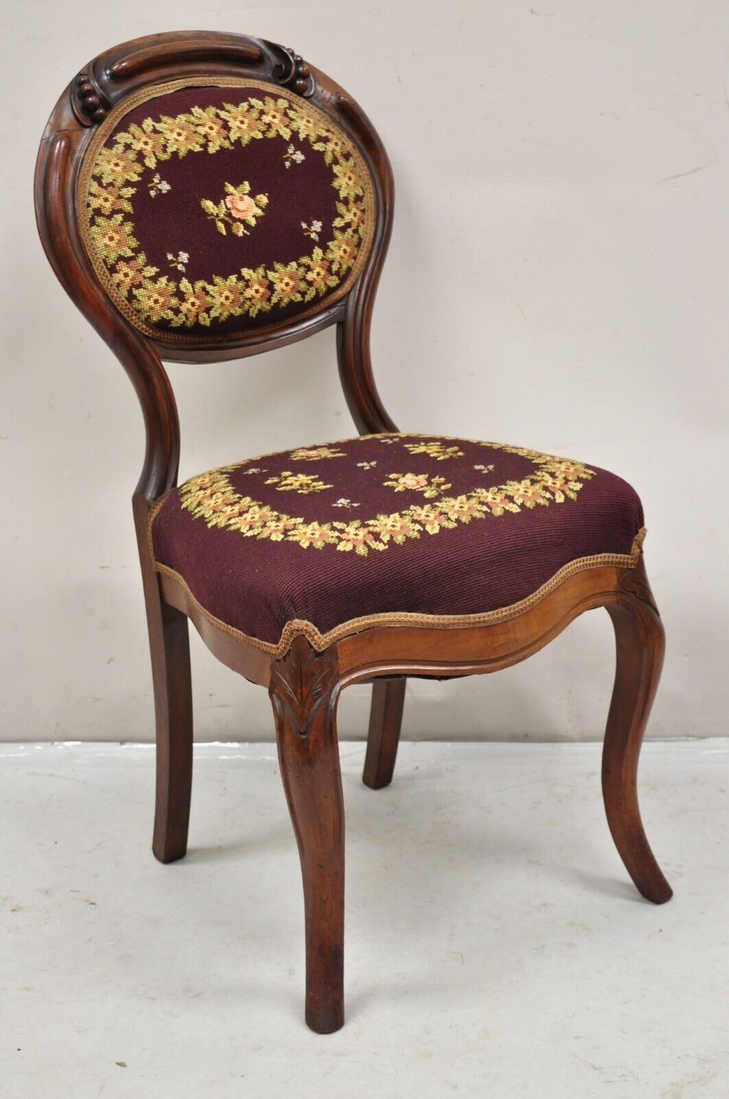 Victorian Burgundy Floral Needlepoint Carved Mahogany Balloon Back Side Chair