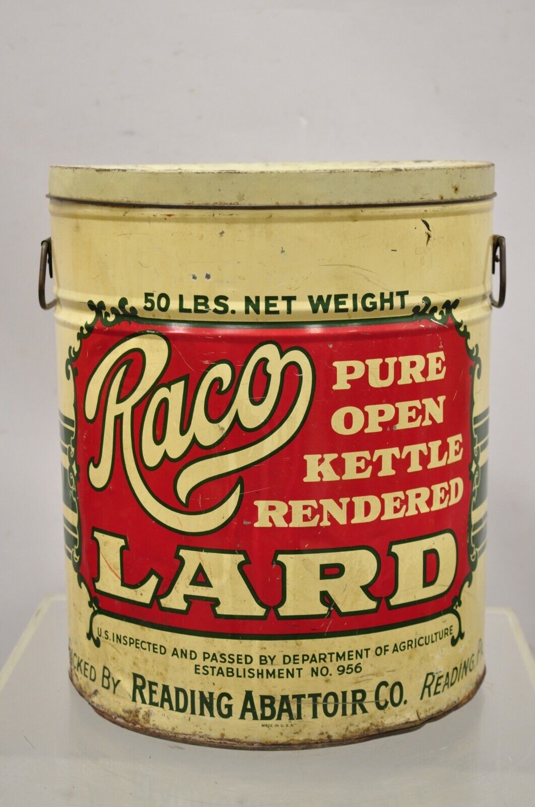 Antique Raco 25 lbs. Advertising Lard Tin Can Reading PA Twin Handles