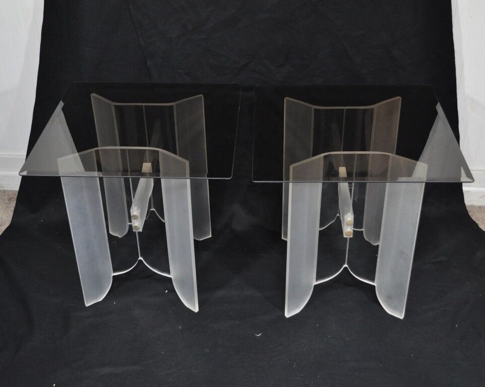 Vintage Pair Mid Century Modern Frosted Lucite & Glass Butterfly End Side Tables