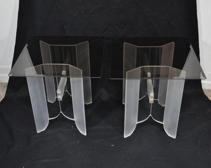 Vintage Pair Mid Century Modern Frosted Lucite & Glass Butterfly End Side Tables