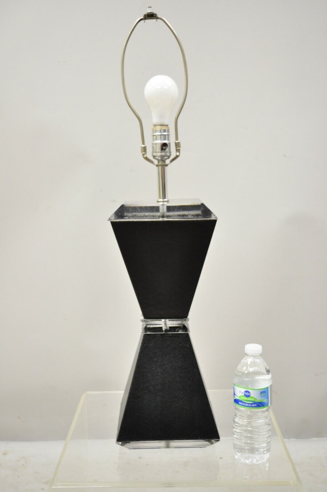 Vintage Karl Springer Style Lucite Hourglass Black Faux Sharkskin Table Lamp