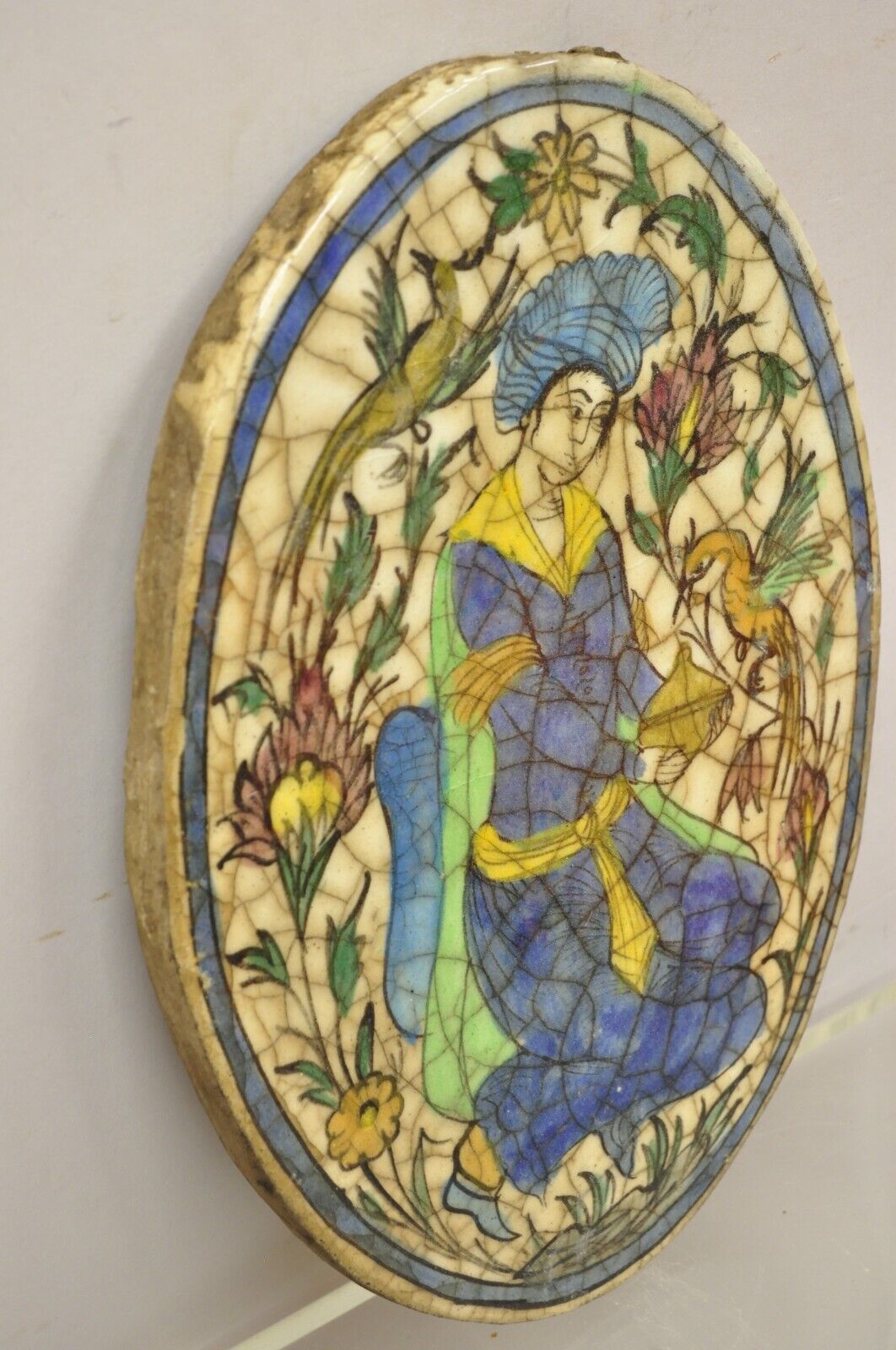 Antique Persian Iznik Qajar Style Ceramic Pottery Oval Tile Figure with Bird C3