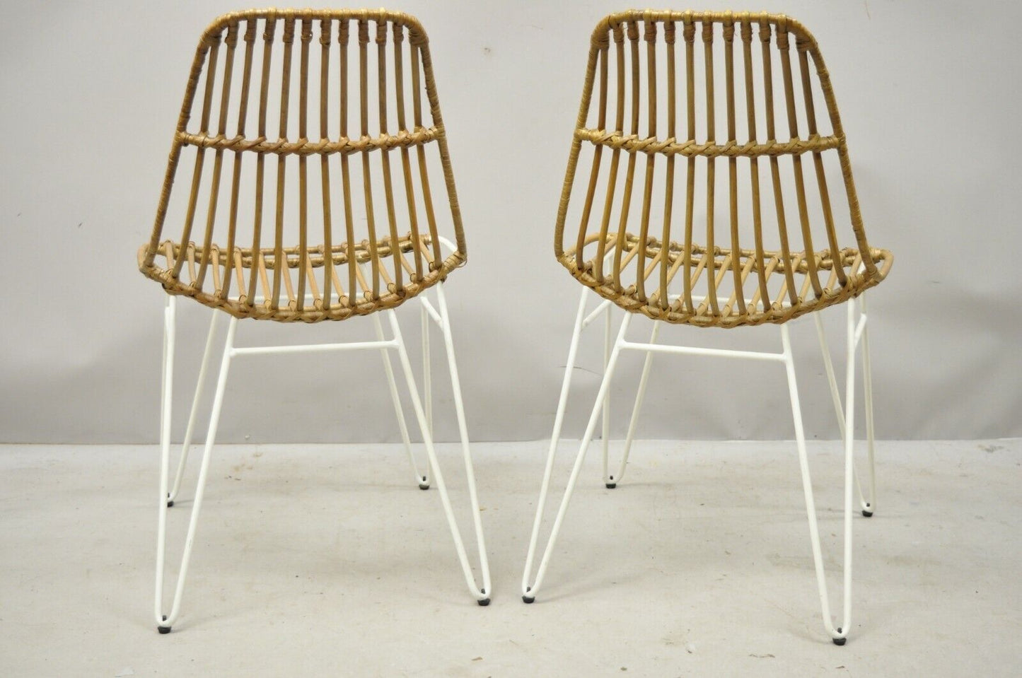 Modern White Wrought Iron Hairpin Leg Rattan Shell Dining Side Chairs - a Pair