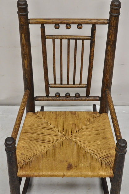 Antique Arts & Crafts Victorian Oak Wood Rush Seat Small Child's Rocking Chair