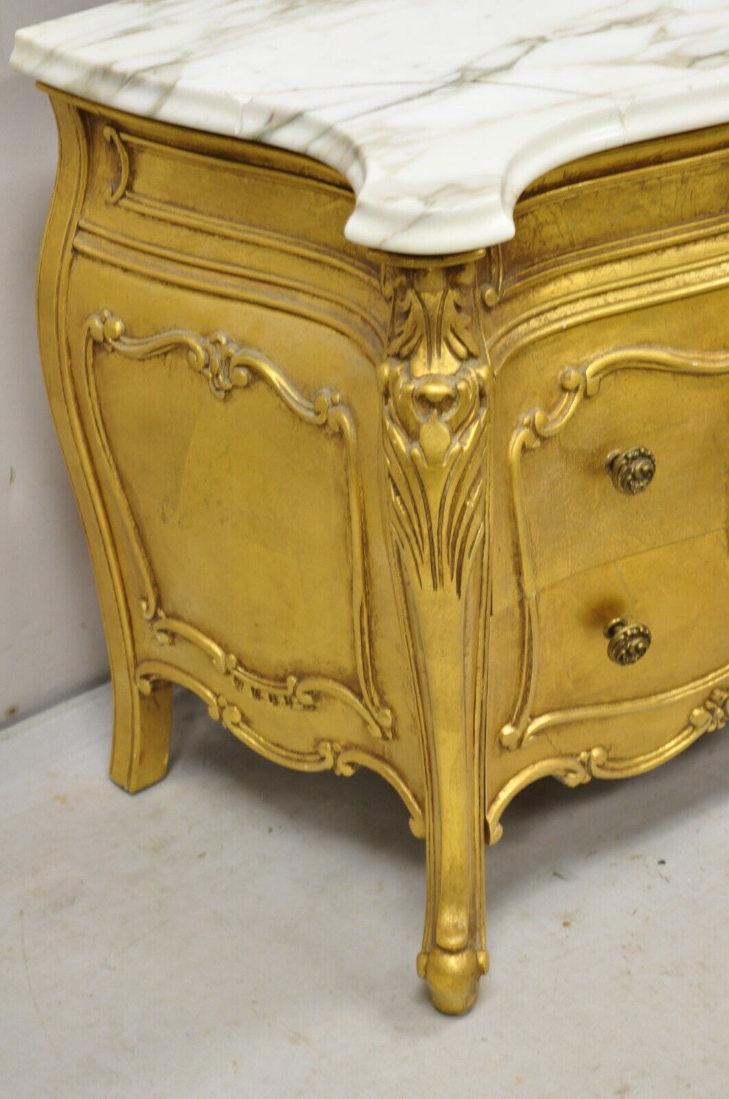 Vintage Daniel Jones French Louis XV Style Gold Bombe Marble Top Nightstand