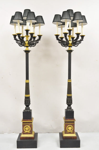 French Empire 68" Tall Bronze & Marble Lighted Candelabra Torchere Floor Lamps