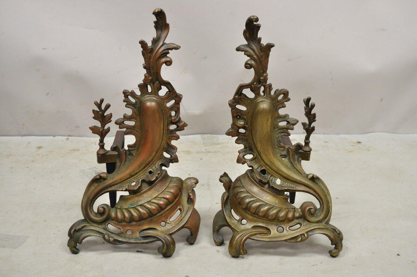 Antique French Rococo Baroque Style Brass Leafy Acanthus Andirons - a Pair