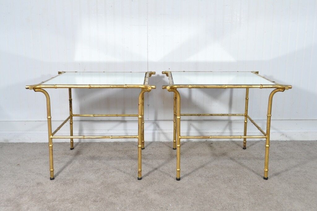 Pair Vintage Italian Hollywood Regency Faux Bamboo Gold Mirror Iron Side Tables