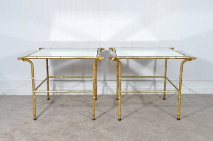 Pair Vintage Italian Hollywood Regency Faux Bamboo Gold Mirror Iron Side Tables