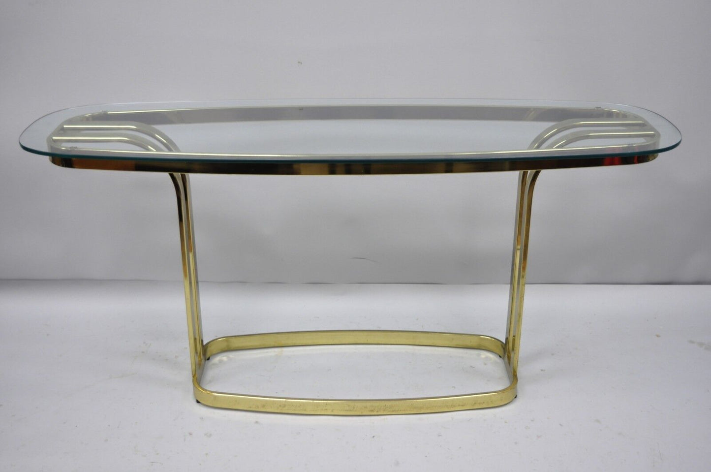 Vintage Hollywood Regency Brass and Glass Sculptural Console Sofa Table