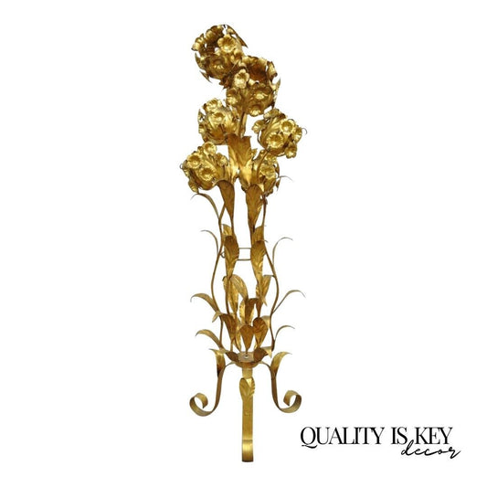Vintage 6 Light Italian Hollywood Regency Gold Gilt Floral Tole Metal Floor Lamp