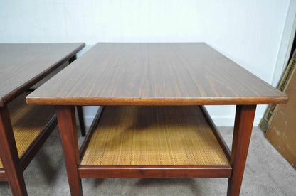 Vtg Pair Mid Century Modern Cane Walnut Laminate Foster McDavid End Side Tables