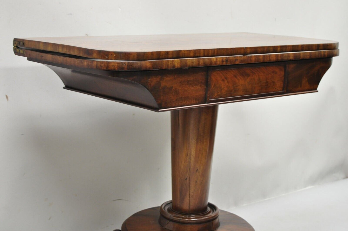 American Empire Crotch Flame Mahogany Paw Feet Pedestal Base Console Game Table