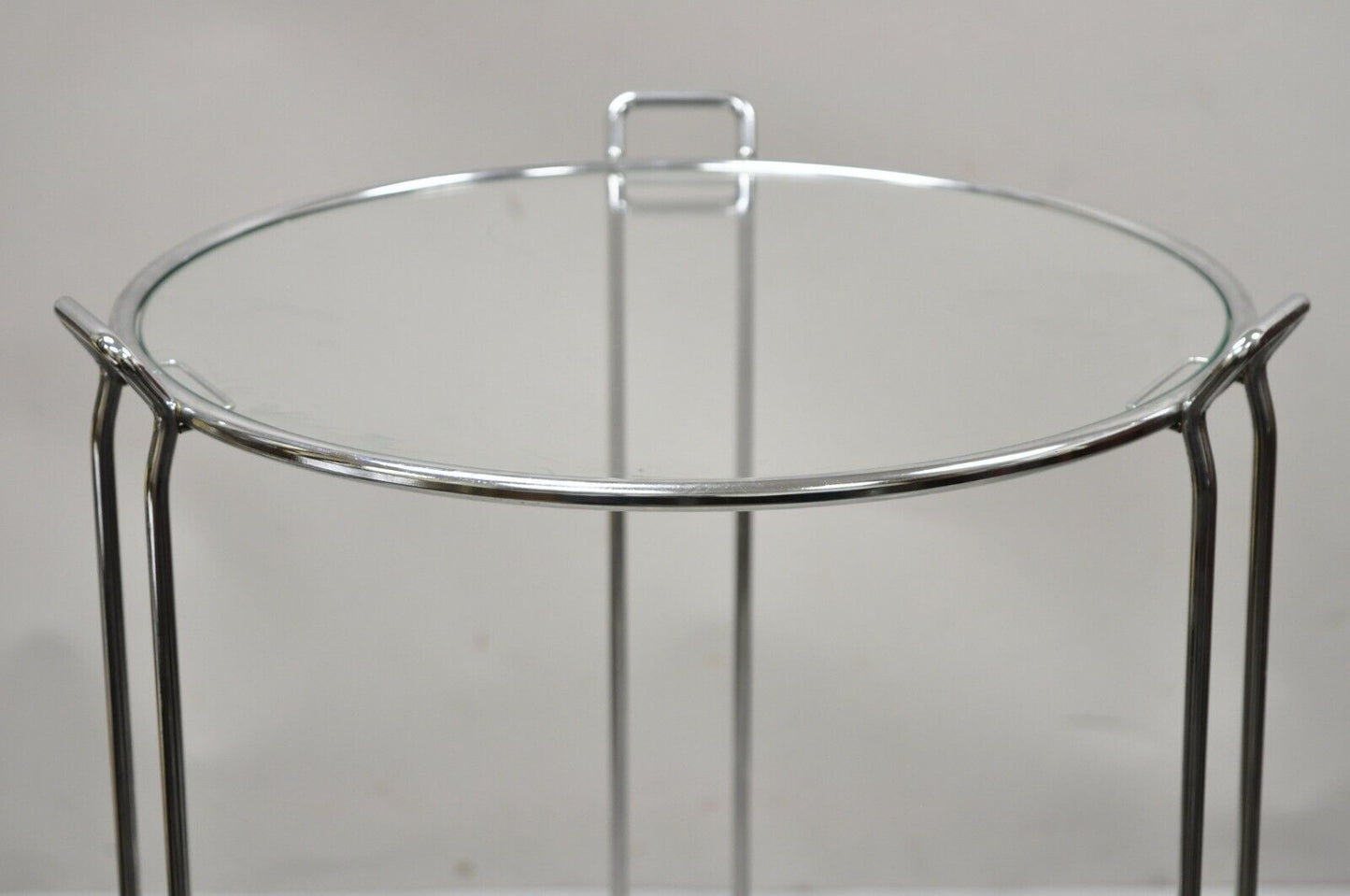 Vintage Mid Century Modern Round Modernist Chrome Frame Glass Side Table