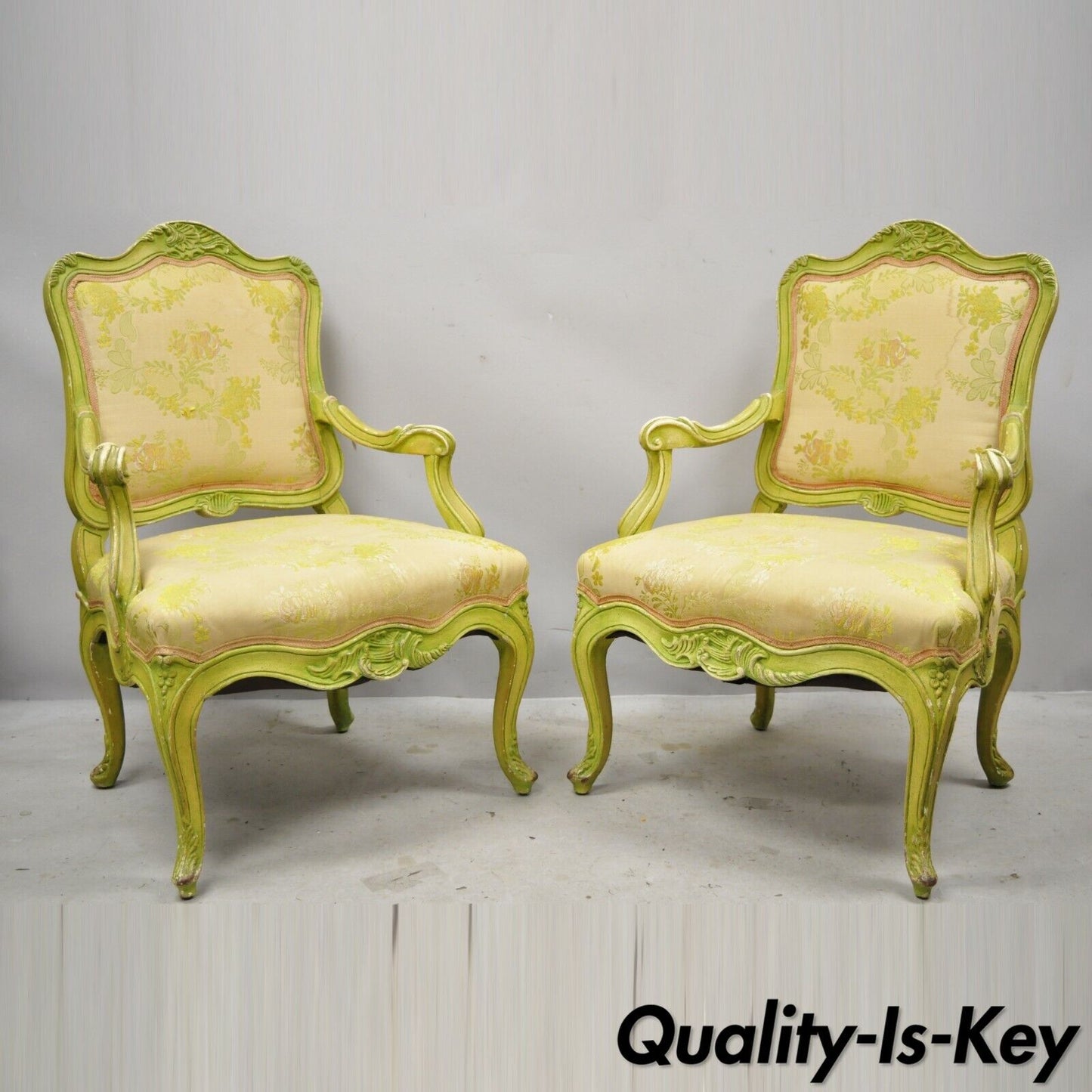 Italian Rococo Hollywood Regency Green Painted Fireside Lounge Arm Chairs - Pair