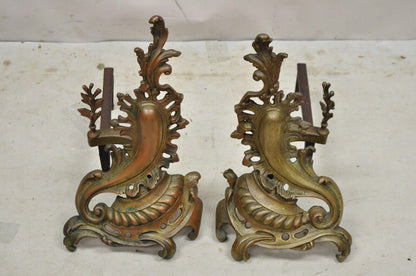 Antique French Rococo Baroque Style Brass Leafy Acanthus Andirons - a Pair