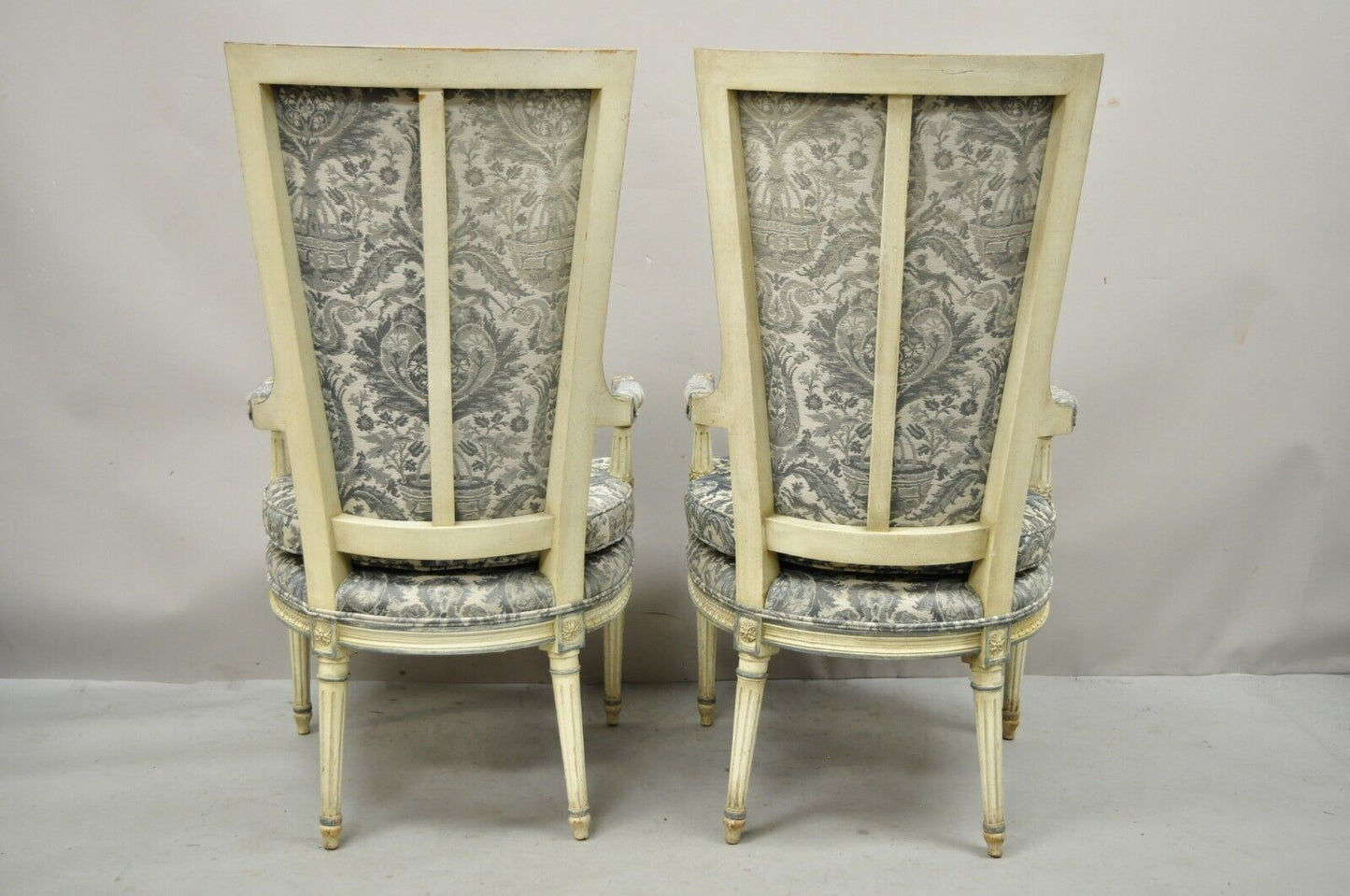 Vintage French Louis XVI Provincial Blue Cream High Back Lounge Chairs - a Pair