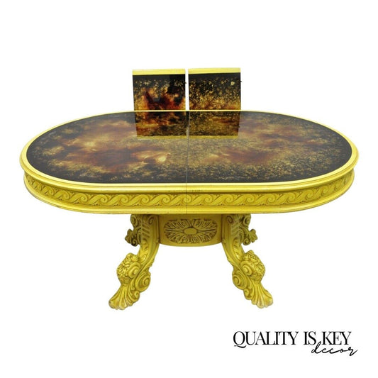 French Baroque Rococo Style Oval Eglomise Art Glass Top Yellow Dining Table