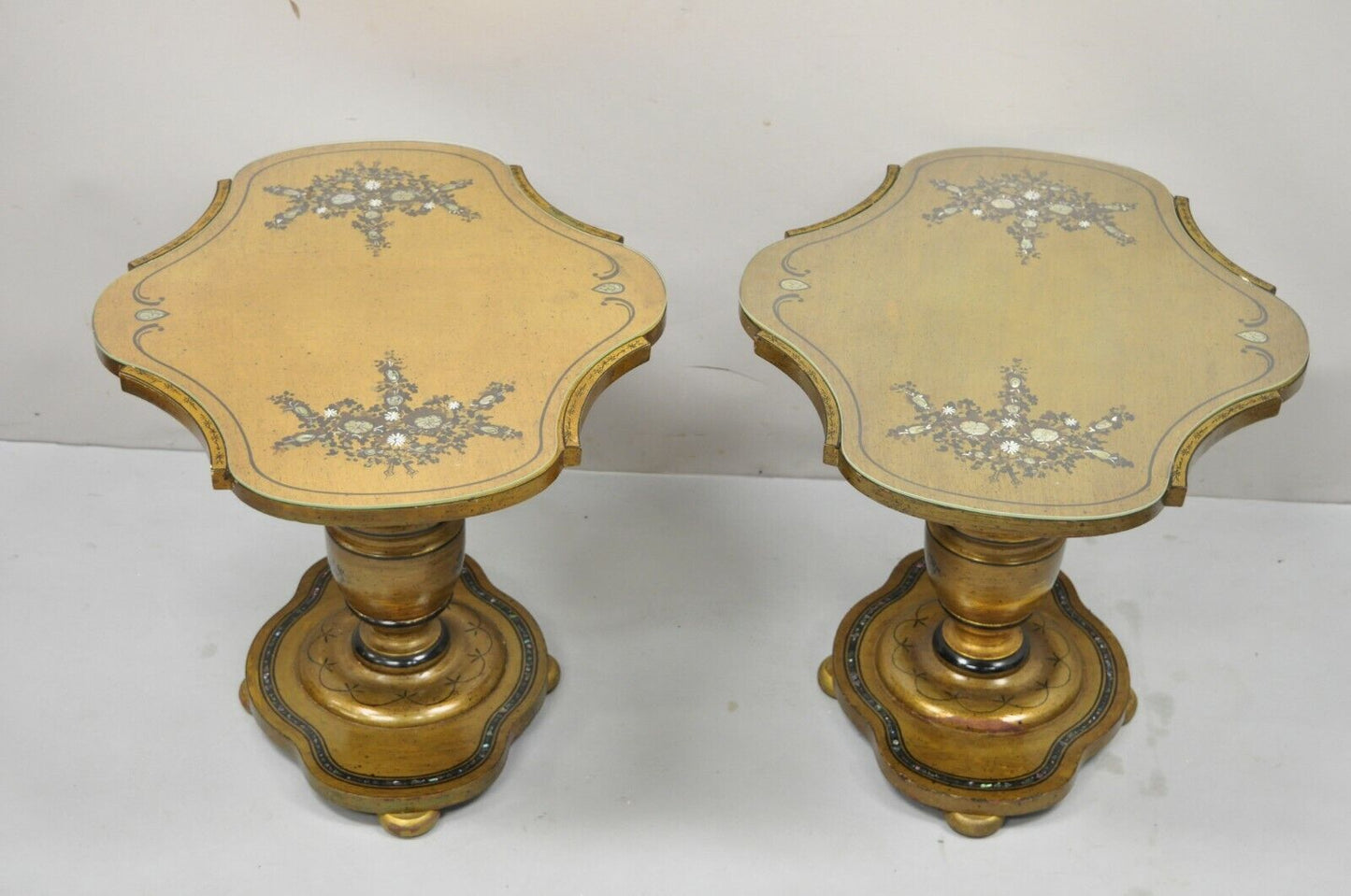 Mediterranean Gold Leaf Low Pedestal Side Tables Mother of Pearl Inlay - a Pair