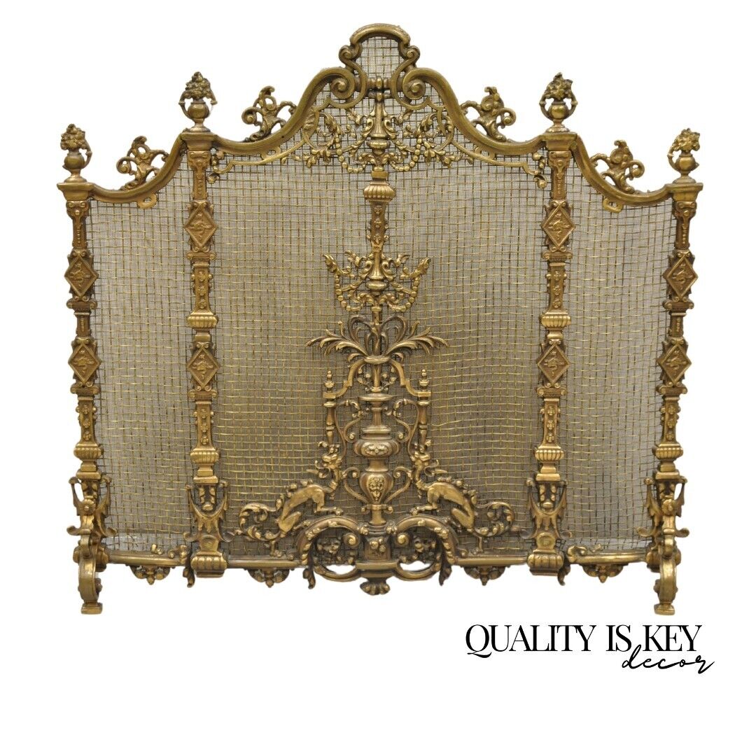 Antique French Renaissance Baroque Style Figural Bronze Mesh Fireplace Screen