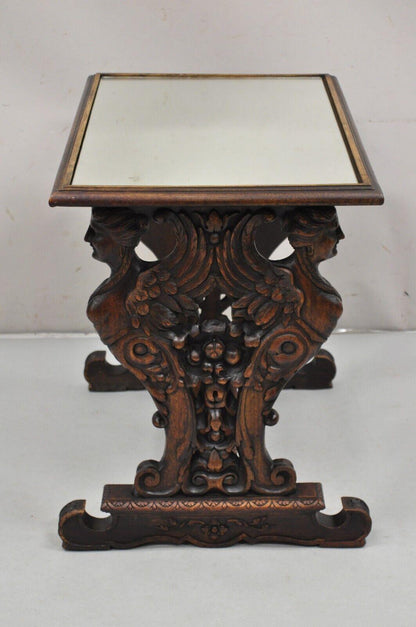 Antique Renaissance Revival Carved Winged Maiden Walnut Mirror Top Side Table