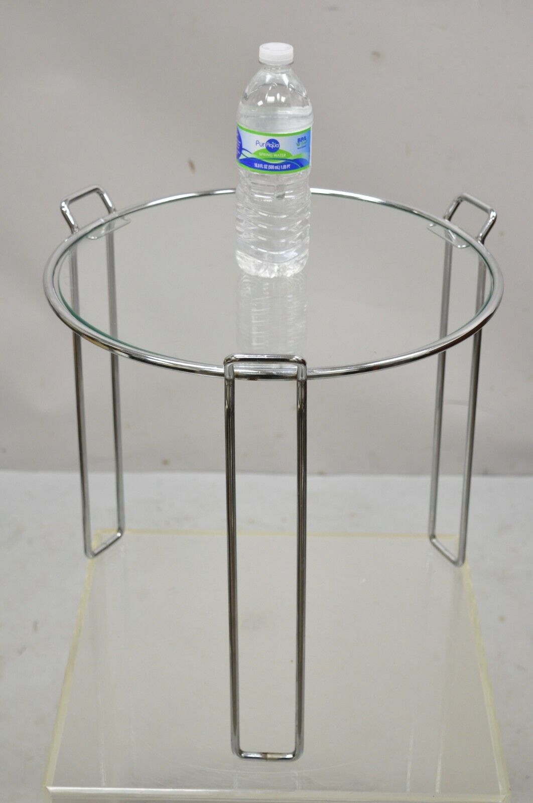 Vintage Mid Century Modern Round Modernist Chrome Frame Glass Side Table