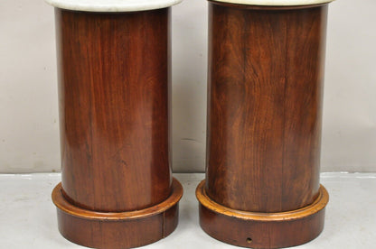 19th C Biedermeier Mahogany Marble Top One Door Side Table Cabinet - a Pair
