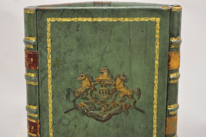 Vintage Italian Regency Green Leather Triangular Book Form Wastebasket Trashcan