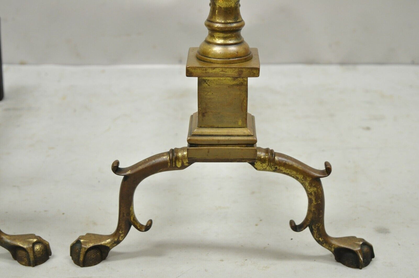 Antique Federal Brass Iron Spiral Twist Finial Branch Legs Ball Claw Andirons