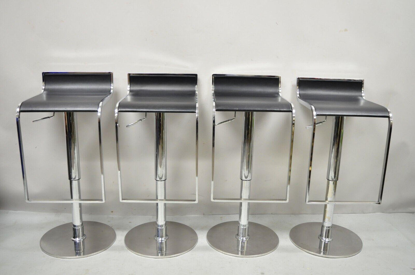 Modern Chrome and Steel Black Leather Adjustable Swivel Barstools - Set of 4