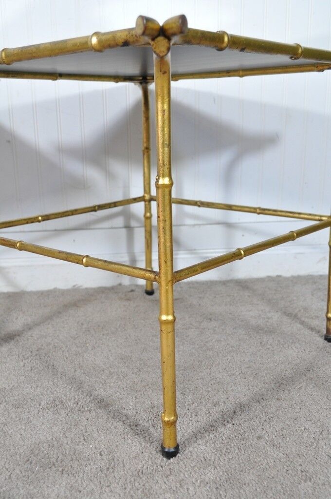 Pair Vintage Italian Hollywood Regency Faux Bamboo Gold Mirror Iron Side Tables