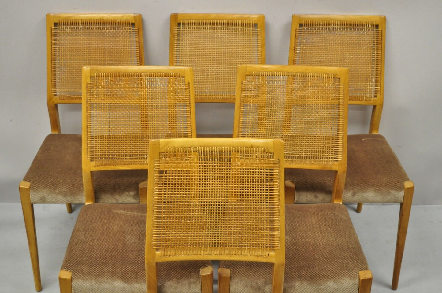 Mid Century Danish Modern Birch Wood Cane Back Dining Side Chairs - Set of 6