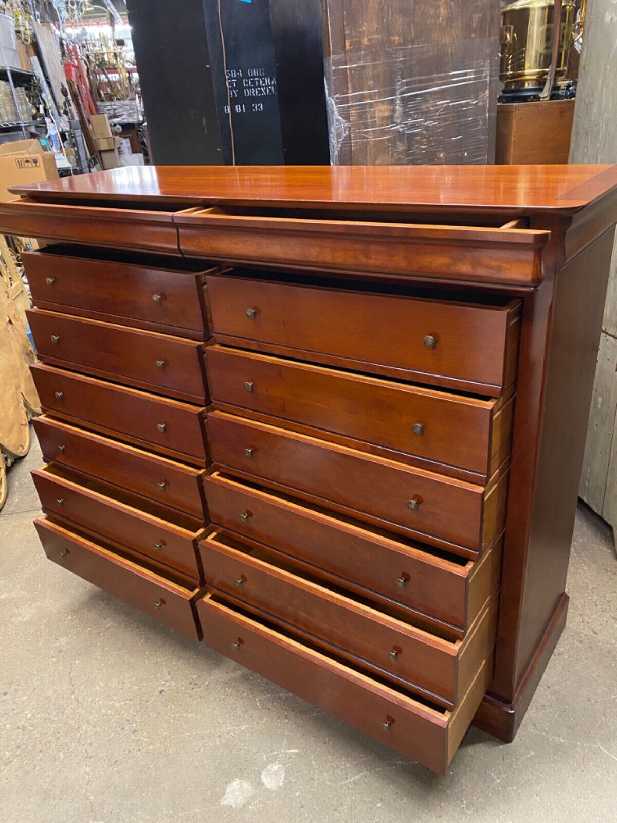 French Country Solid Cherry Wood 14 Drawer Tall Chest Dresser - Made in France